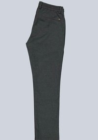 Dark gray tailored trousers with a straight-leg design, featuring a waistband and a small back pocket with a gold accent.