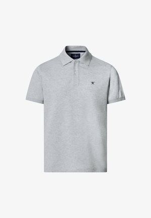 helehall halli lühikeste varrukatega polo-särk kahe nupuga lõhikuga ja väikese tumeda logoga vasakul rinnal, ühevärvilise taustaga.