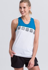 Canotta sportiva con una parte superiore blu e una parte inferiore bianca con un motivo testurizzato. Ha un collo rotondo e una vestibilità slim.