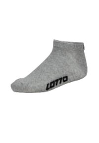 Calzino grigio alla caviglia realizzato in misto cotone con una finitura testurizzata. Presenta il logo nero "LOTTO" sul lato. Design semplice e funzionale.