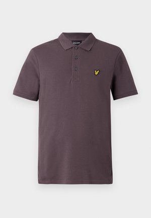 Donkerpaarse polo-shirt van katoen, met een drieknoopsluiting, korte mouwen en een gele geborduurde adelaarlogo op de borst.