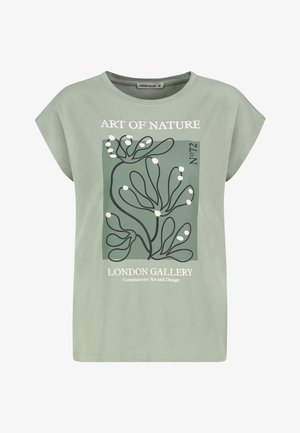 Grünes Baumwoll-T-Shirt mit lockerer Passform, das ein grafisches Design von abstrakten Pflanzen zeigt, sowie den Text "KUNST DER NATUR" und "LONDON GALERIE."