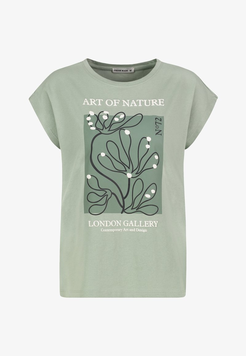 Grünes Baumwoll-T-Shirt mit lockerer Passform, das ein grafisches Design von abstrakten Pflanzen zeigt, sowie den Text "KUNST DER NATUR" und "LONDON GALERIE."