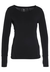 Svart långärmad topp i mjukt, stretchy tyg; har en rund halsringning och en formsydd design med sid sömmar.