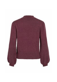 Pull en maille bordeaux avec de longues manches bouffantes et un ourlet côtelé. Présente un col rond et une texture lisse. Vue arrière montrée.