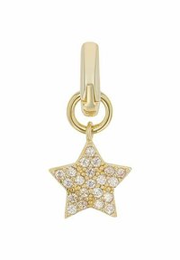 Colgante en forma de estrella dorada, con una superficie texturizada y adornada con cristales transparentes, suspendido de un anillo redondeado y un broche.