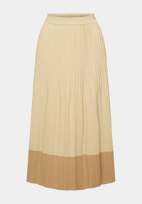 Jupe midi plissée beige avec une large bande beige plus foncée à l'ourlet et une ceinture ajustée, présentée sur fond blanc.