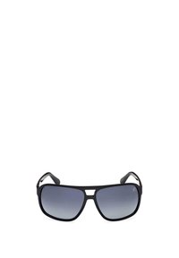 Occhiali da sole neri con un design angolare, dotati di lenti grigie sfumate, un finish opaco sulla montatura e aste nere curve per il comfort.