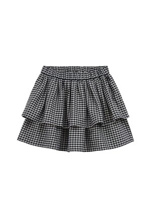 Jupe à carreaux vichy noir et blanc avec trois volants et une taille élastique. Tissu léger avec une apparence texturée.