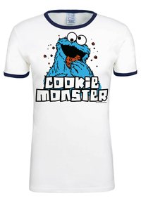 White T-shirt with blue ringer collar. Features a graphic of a blue, furry character holding a cookie with the text "COOKIE MONSTER" below.