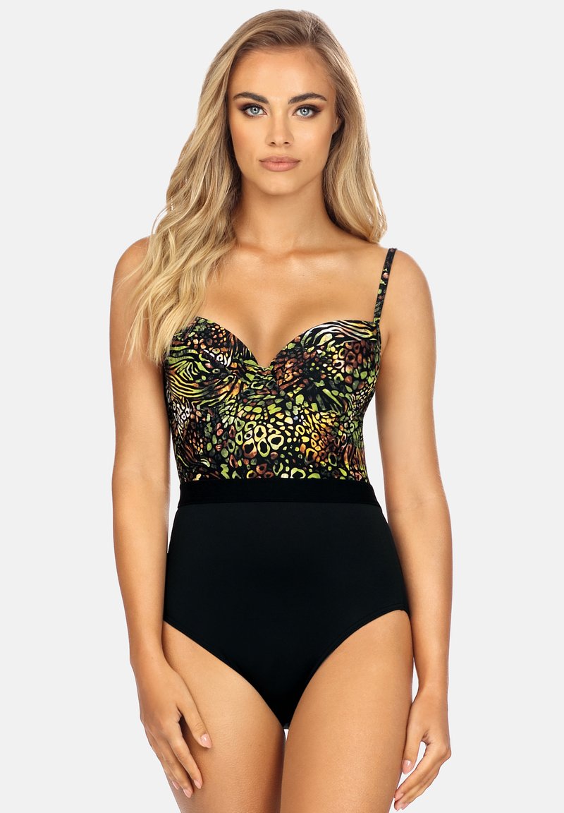 Jednoczęściowy strój kąpielowy z kolorowym nadrukiem zwierzęcym na górze w odcieniach zieleni, czerni i pomarańczy. Czarna dolna część z wysokim stanem. Regulowane ramiączka.