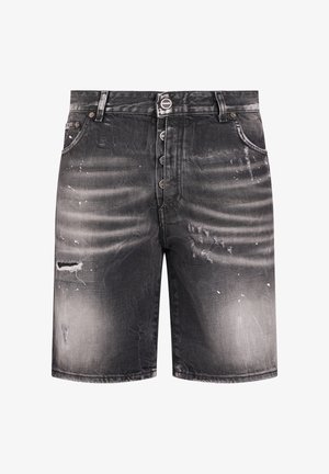Schwarze, ausgewaschene Denim-Shorts mit Used-Look, Farbspritzern, Knopfleiste und Vordertaschen.