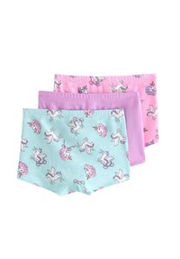 Sæt med tre børneshorts: lyseblå med enhjørningtryk, lyserød med enhjørninger og ensfarvet lavendel. Blødt stof, elastisk talje.