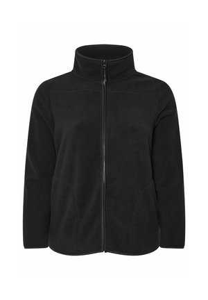 Chaqueta de forro polar negra con collar alto, cremallera frontal completa, bolsillos laterales y un ajuste relajado. Textura suave sin patrones ni acentos visibles.