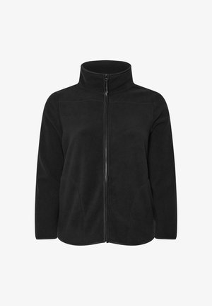 Czarna polarowa kurtka z wysokim kołnierzem, pełnym zapięciem na zamek z przodu, kieszeniami po bokach i luźnym krojem. Miękka tekstura bez widocznych wzorów czy akcentów.