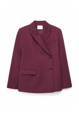 Vīnsarkans žakete ar strukturētu dizainu, dubultā pogas aizdare, divas melnas pogas, izgriezuma atloki un sānu kabata. Gluda tekstūra.