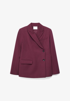 Bordeauxrode blazer met een gestructureerd ontwerp, dubbele knoopsluiting, twee zwarte knopen, revers met inkeping en een zijzak. Soepele textuur.