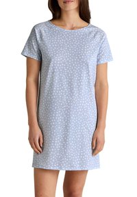Light blue dress with short sleeves, featuring a white polka dot pattern. Made from a soft, breathable fabric with a relaxed fit.