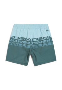 Turkosbadshorts med en gradientdesign som går från ljus till mörk, med fet svart "O'Neill"-logotyp på baksidan.