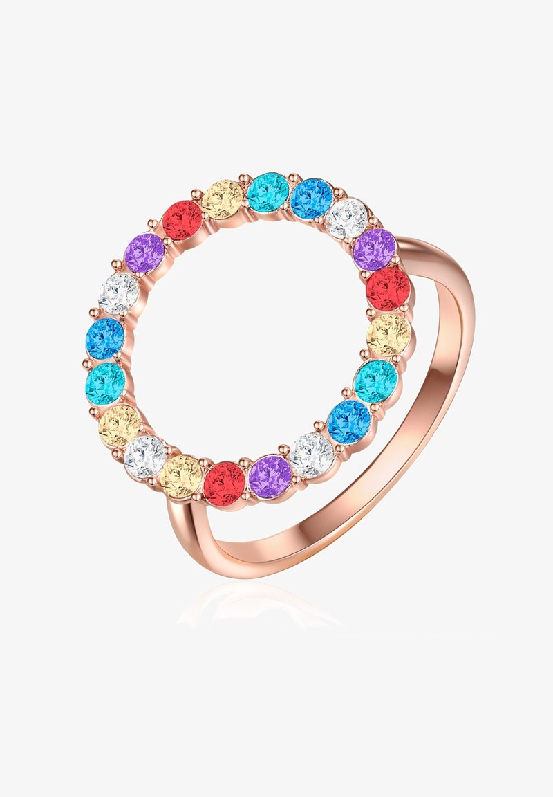 Ring i rosaguld med et cirkulært design prydet med farverige ædelsten: rød, lilla, blå, turkis og klare krystaller. Glat ringbånd.