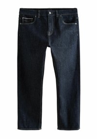 Vaqueros de denim azul oscuro con un diseño de pierna recta, que presentan cinco bolsillos, una cremallera y costuras de contraste. Textura suave.