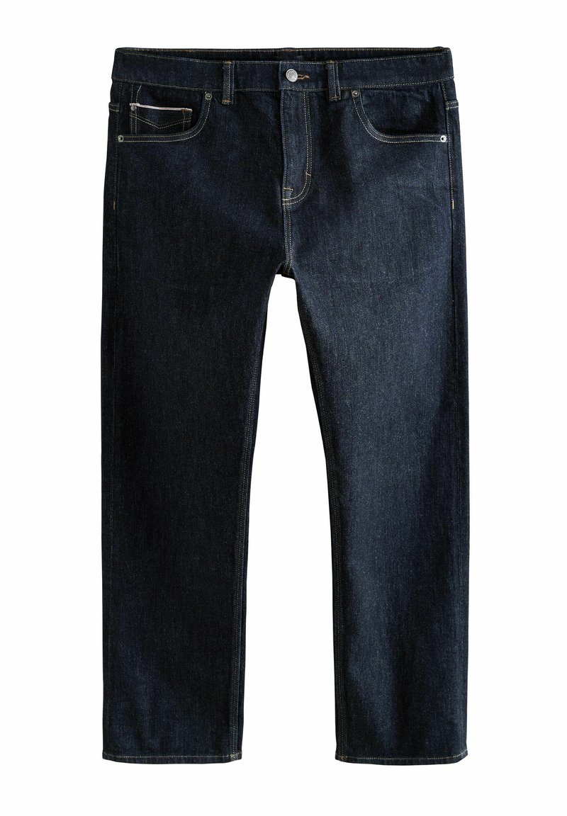 Vaqueros de denim azul oscuro con un diseño de pierna recta, que presentan cinco bolsillos, una cremallera y costuras de contraste. Textura suave.