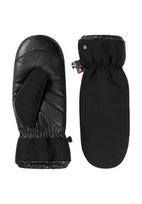 Schwarze Lederhandschuhe mit einem gesteppten Handflächenbereich und elastischen Bündchen. Eine Handschuhhälfte verfügt über einen separaten Daumenbereich für mehr Fingerfertigkeit. Verstellbarer Riemen enthalten.