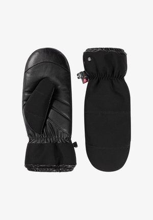 Schwarze Lederhandschuhe mit einem gesteppten Handflächenbereich und elastischen Bündchen. Eine Handschuhhälfte verfügt über einen separaten Daumenbereich für mehr Fingerfertigkeit. Verstellbarer Riemen enthalten.