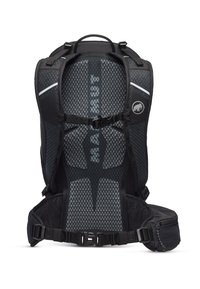 Svart ryggsekk med mesh bakpanel, justerbare stropper, sidelommer og logo. Den har et strømlinjeformet design med forsterket maskinvare.