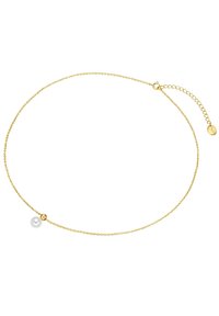 Collana in oro con un piccolo accento di perla bianca, dal design delicato e con chiusura regolabile per diverse lunghezze.