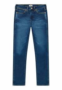 Jeans in denim blu scuro con taglio dritto. Include accessori in rame, tasche frontali e una minima usura sulla trama del tessuto.