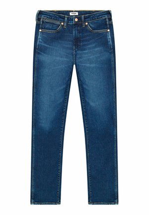 Mørkeblå denimjeans med rett snitt. Inkluderer kobberbeslag, frontlommer og minimal slitasje på teksturen.