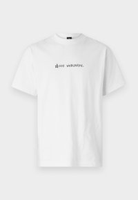 White cotton t-shirt with short sleeves, featuring black text "HUF WORLDWIDE." and a star graphic on the front.