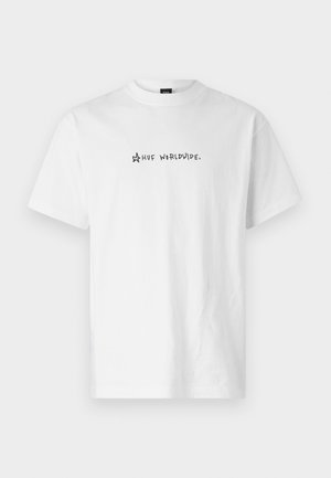 White cotton t-shirt with short sleeves, featuring black text "HUF WORLDWIDE." and a star graphic on the front.