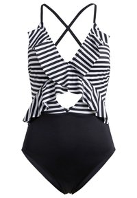 Maillot de bain une pièce avec des rayures verticales noires et blanches, des détails volantés, des bretelles croisées et un dos découpé.