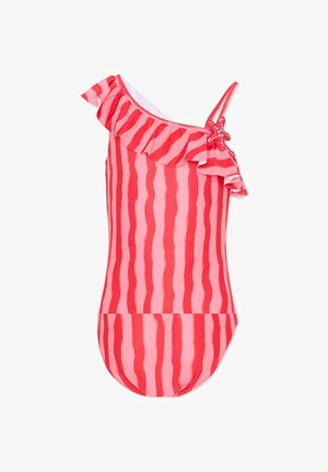 Różowo-czerwony jednoczęściowy strój kąpielowy na jedno ramię z falbanką i ozdobą w kształcie rozgwiazdy na ramiączku.