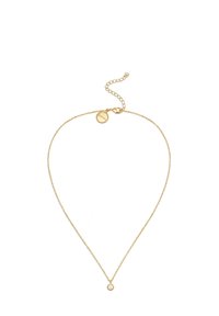 Goldfarbene Halskette mit feiner Kette, rundem Anhänger mit einem zentralen Stein und einstellbarem Verschluss mit einem runden Anhänger.