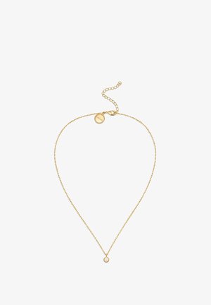 Collana dorata con una catena fine, pendente rotondo con una pietra centrale e un chiusura regolabile con un'etichetta circolare.