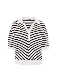 Zwart-wit gestreepte gebreide polo-stijl top met een V-hals, korte mouwen en een geribde zoom. Heeft schuine strepen voor textuur.