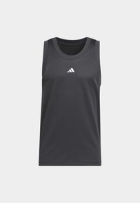 Šedý bezrukávový sportovní top s prodyšnou síťovinou a kulatým výstřihem. Na hrudi se nachází bílé logo Adidas.
