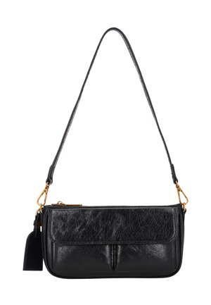 Fekete bőr válltáska arany kapcsokkal, elülső zsebbel, cipzáras záródással és állítható pánttal.