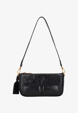 Fekete bőr válltáska arany kapcsokkal, elülső zsebbel, cipzáras záródással és állítható pánttal.