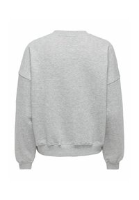 Sweat-shirt gris clair à manches longues vu de dos avec poignets côtelés, ceinture et col rond simple.