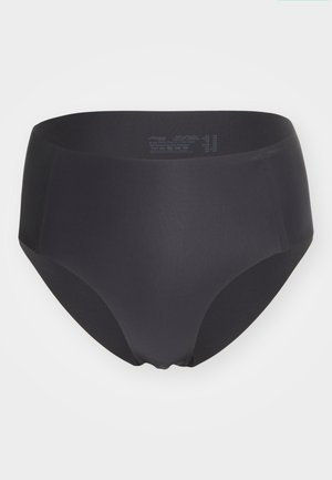 Melna augstās jostas kokvilnas maisījuma apakšveļa ar gludu tekstūru un elastīgu jostu. Raksturīga bezšuvju forma bez redzamām akcentiem.