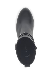 Bottine noire en cuir avec bout arrondi, détail boucle et accents cloutés. Texture lisse et design durable pour un usage décontracté.