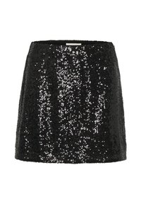 Zwarte pailletten minirok met een getailleerde silhouette, voorzien van een gladde tailleband en een glinsterende textuur die licht vangt.