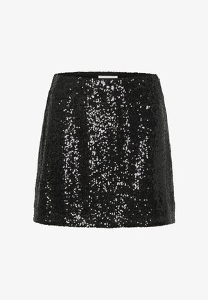 Mustmustäheline mini-seelik, millel on keha lähedane siluett, sujuva vöökohaga ja särav tekstuur, mis mängib valgusega.