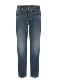 Jean bleu droit avec cinq poches, couture orange et fermeture par bouton, présenté sur fond blanc.