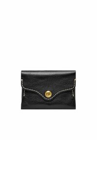 Black leather wallet features a curved flap with gold-tone hardware, contrasting white stitching, and a rounded button closure.
