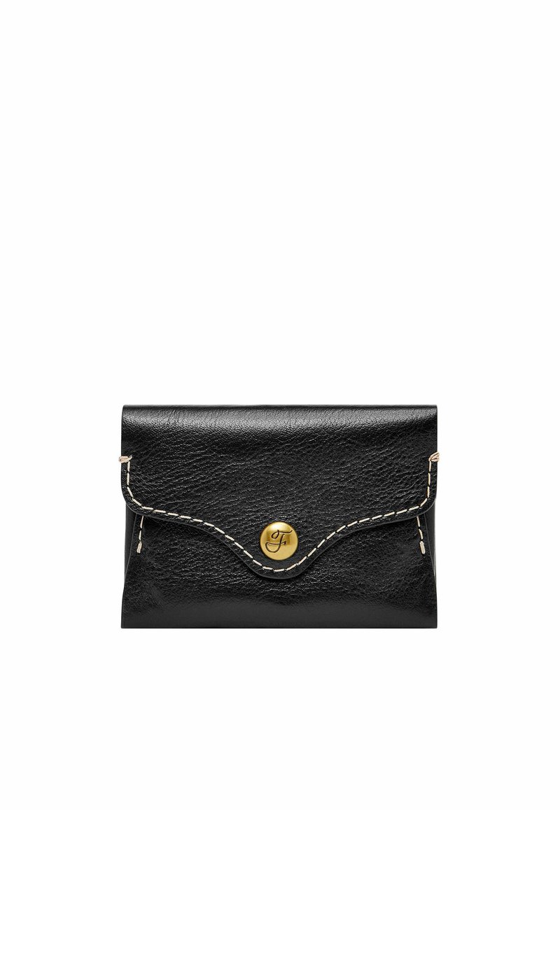 Black leather wallet features a curved flap with gold-tone hardware, contrasting white stitching, and a rounded button closure.